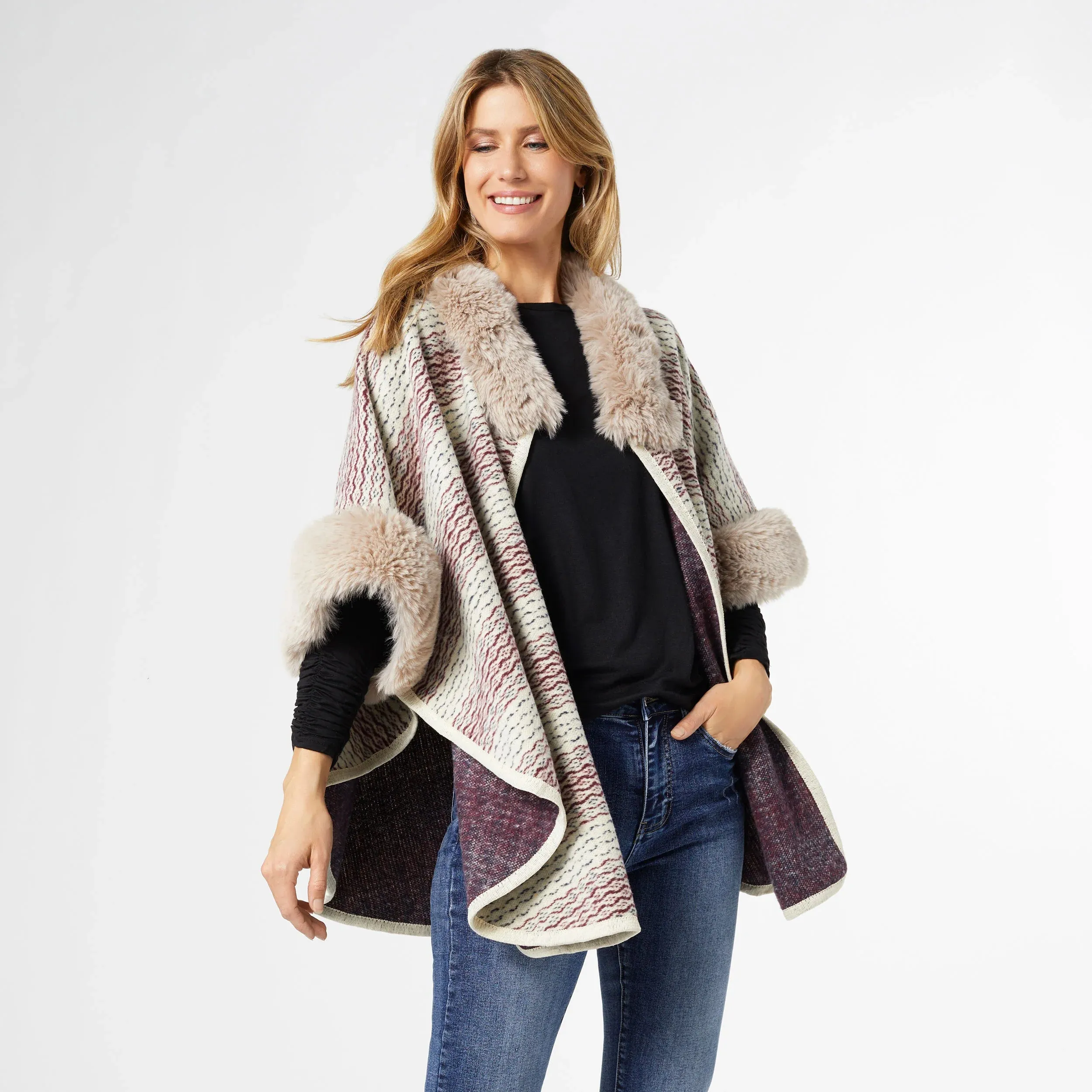 Merlot Vivian Ruana with Faux Fur Trim