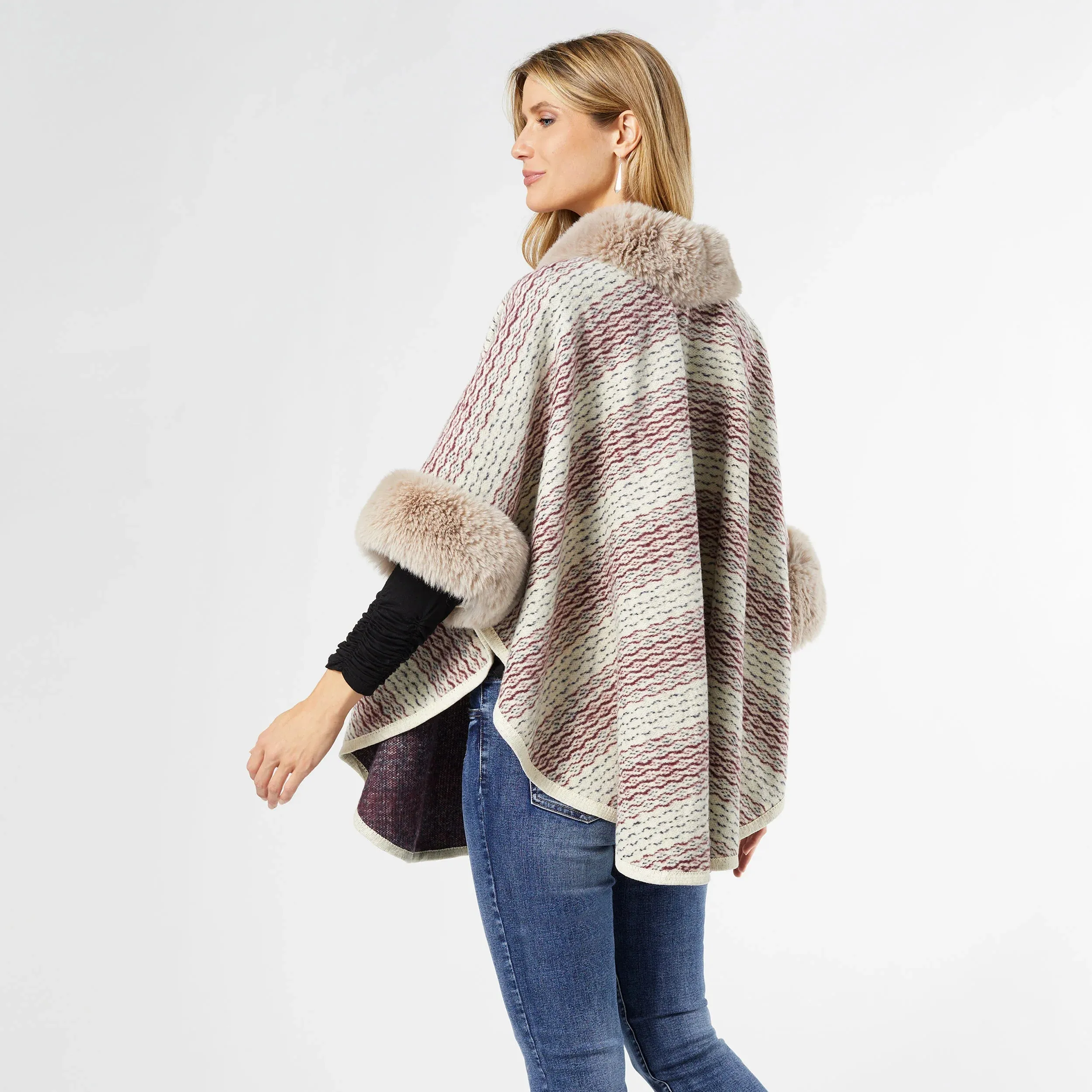 Merlot Vivian Ruana with Faux Fur Trim