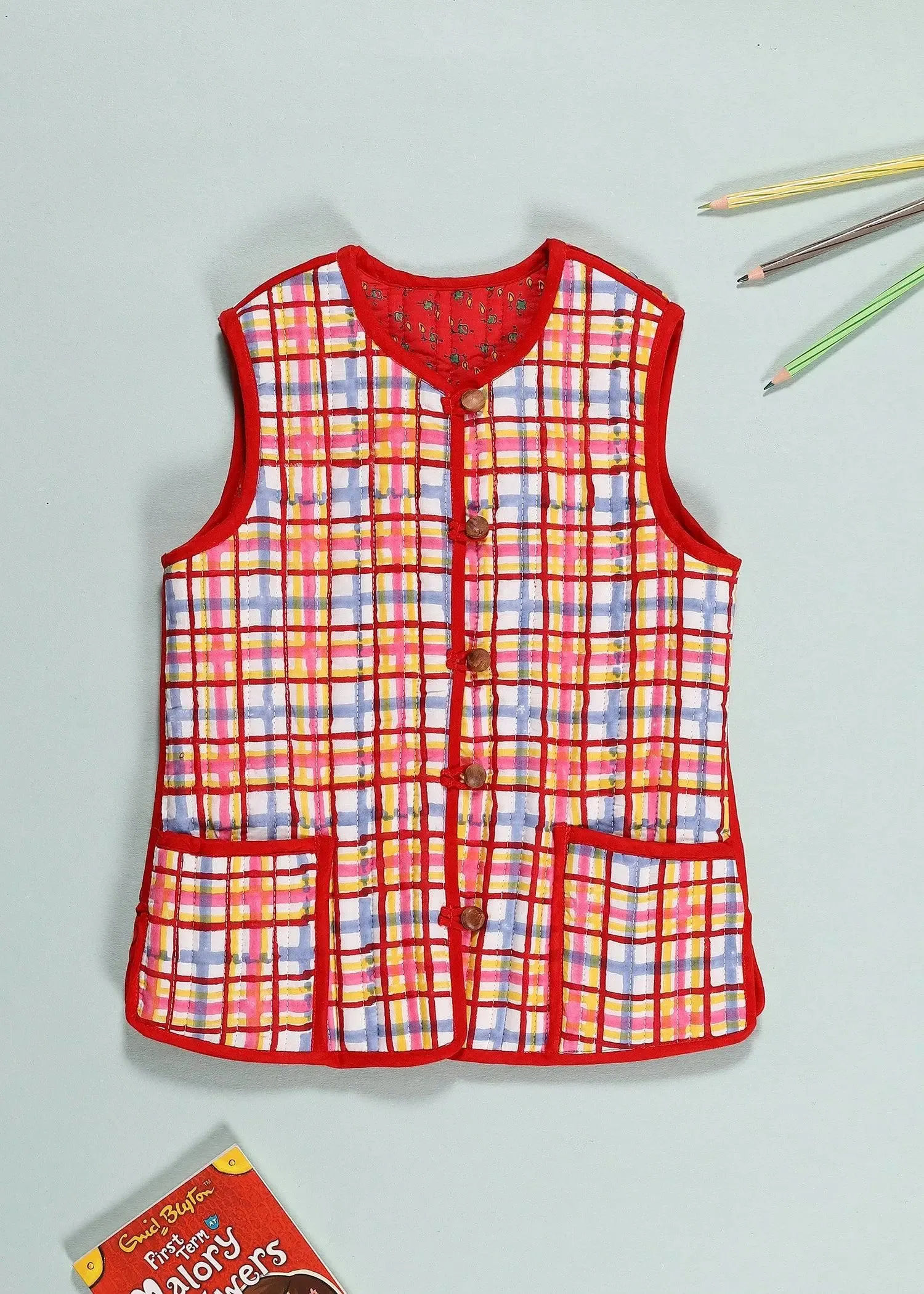 Red & Multi Quilted Cotton Reversible Bundi Jacket Unisex (0-12 Years)