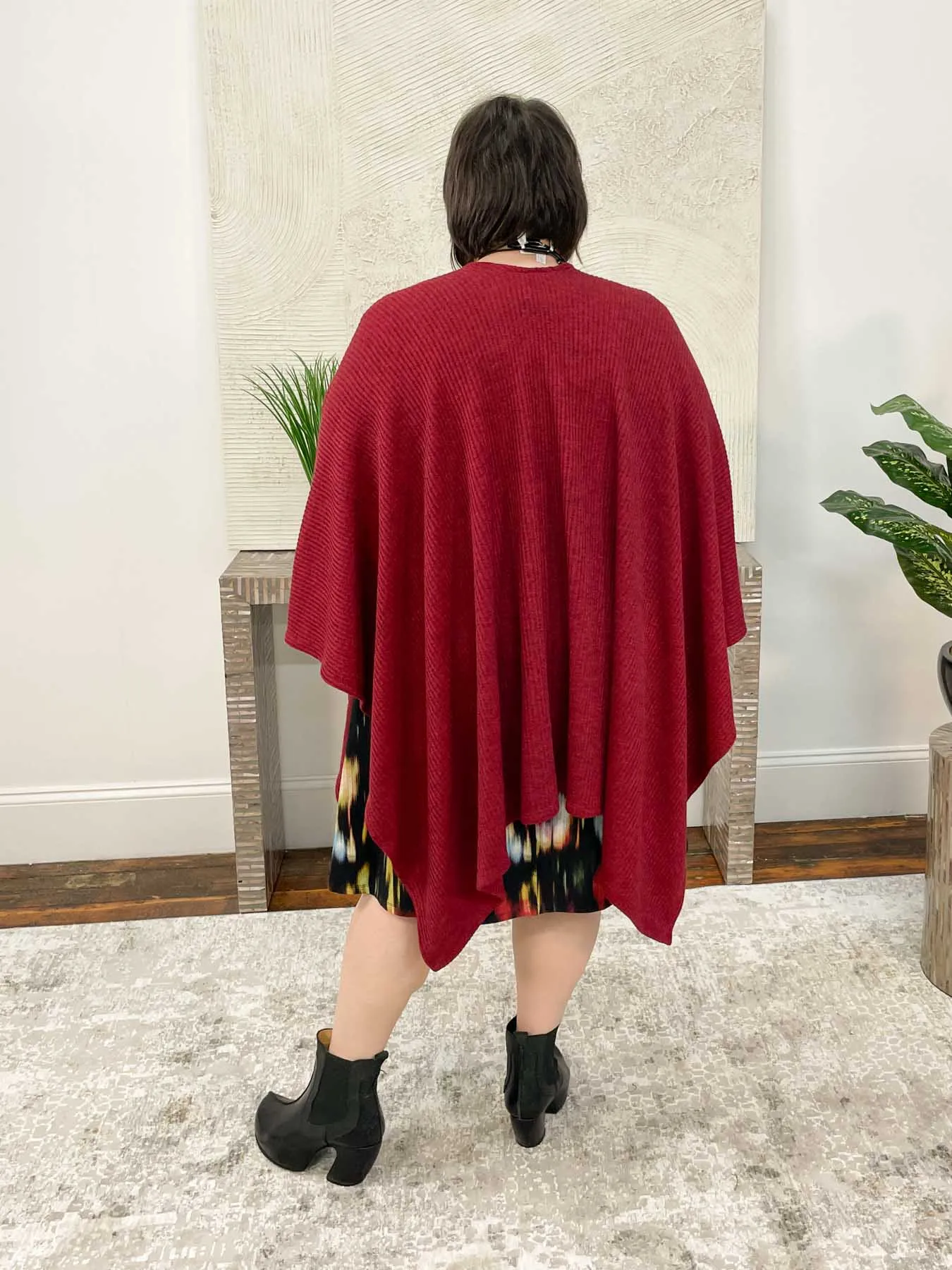 Ribbed Sweater Ruana Poncho, Cherry