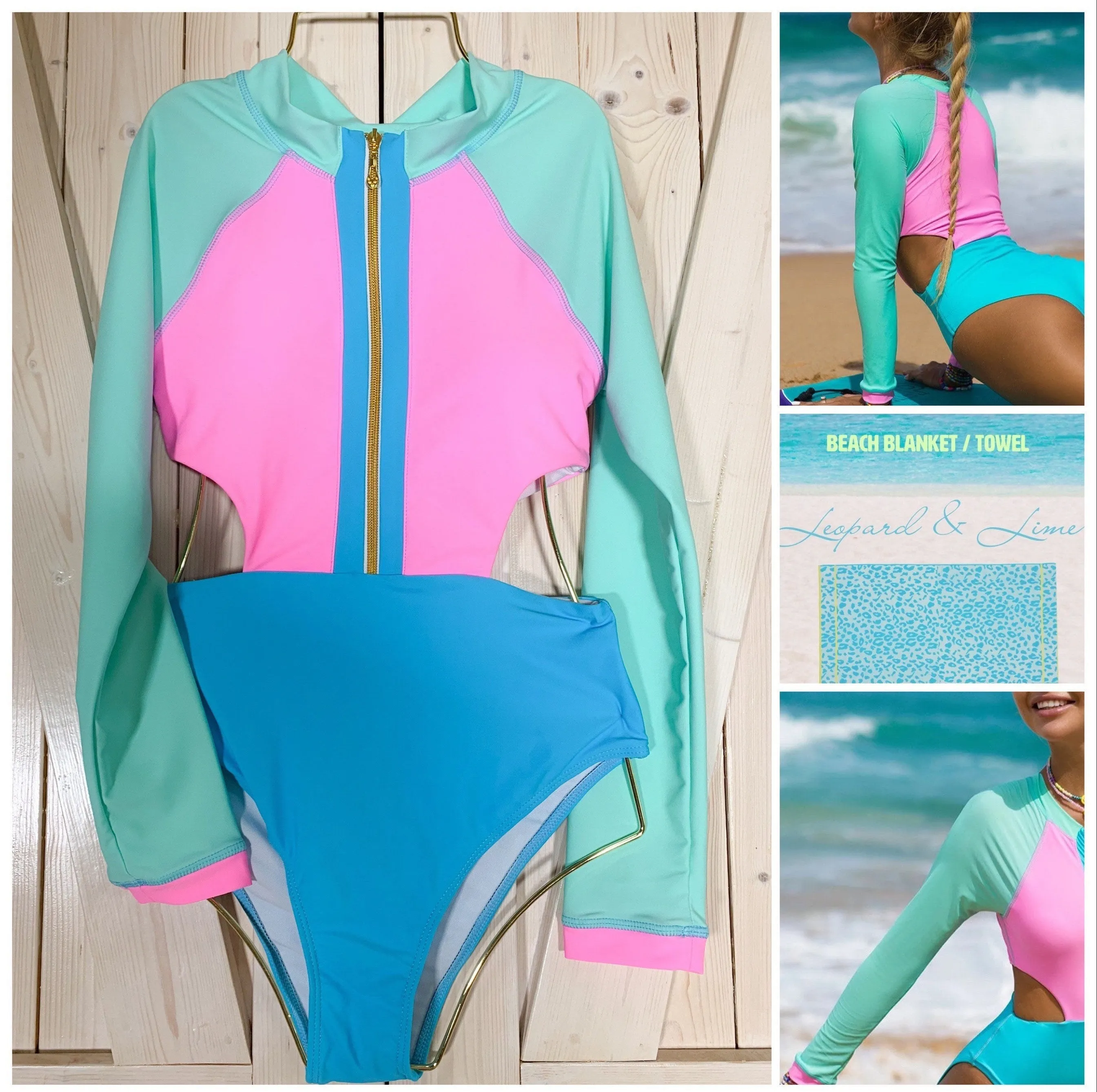 Sherbet Swim 2 variations longsleeve rashguard or halter one-piece sleeveless swimsuit - both bright pastel pink blue aqua neon colorblock