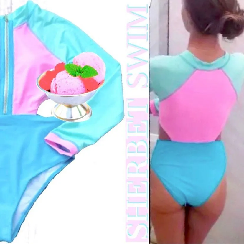 Sherbet Swim 2 variations longsleeve rashguard or halter one-piece sleeveless swimsuit - both bright pastel pink blue aqua neon colorblock