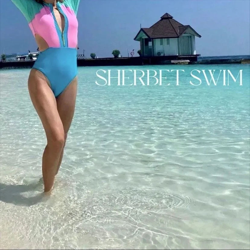 Sherbet Swim 2 variations longsleeve rashguard or halter one-piece sleeveless swimsuit - both bright pastel pink blue aqua neon colorblock