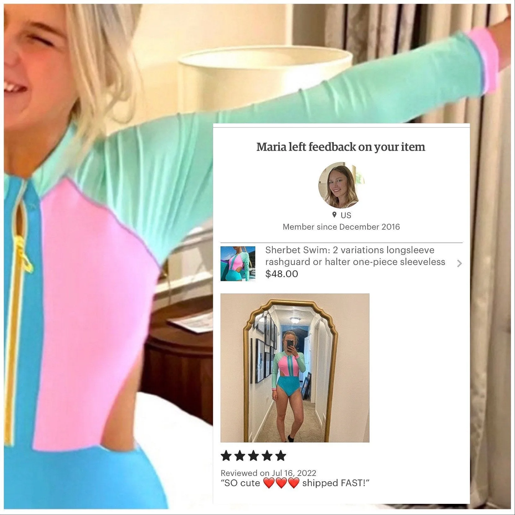 Sherbet Swim 2 variations longsleeve rashguard or halter one-piece sleeveless swimsuit - both bright pastel pink blue aqua neon colorblock