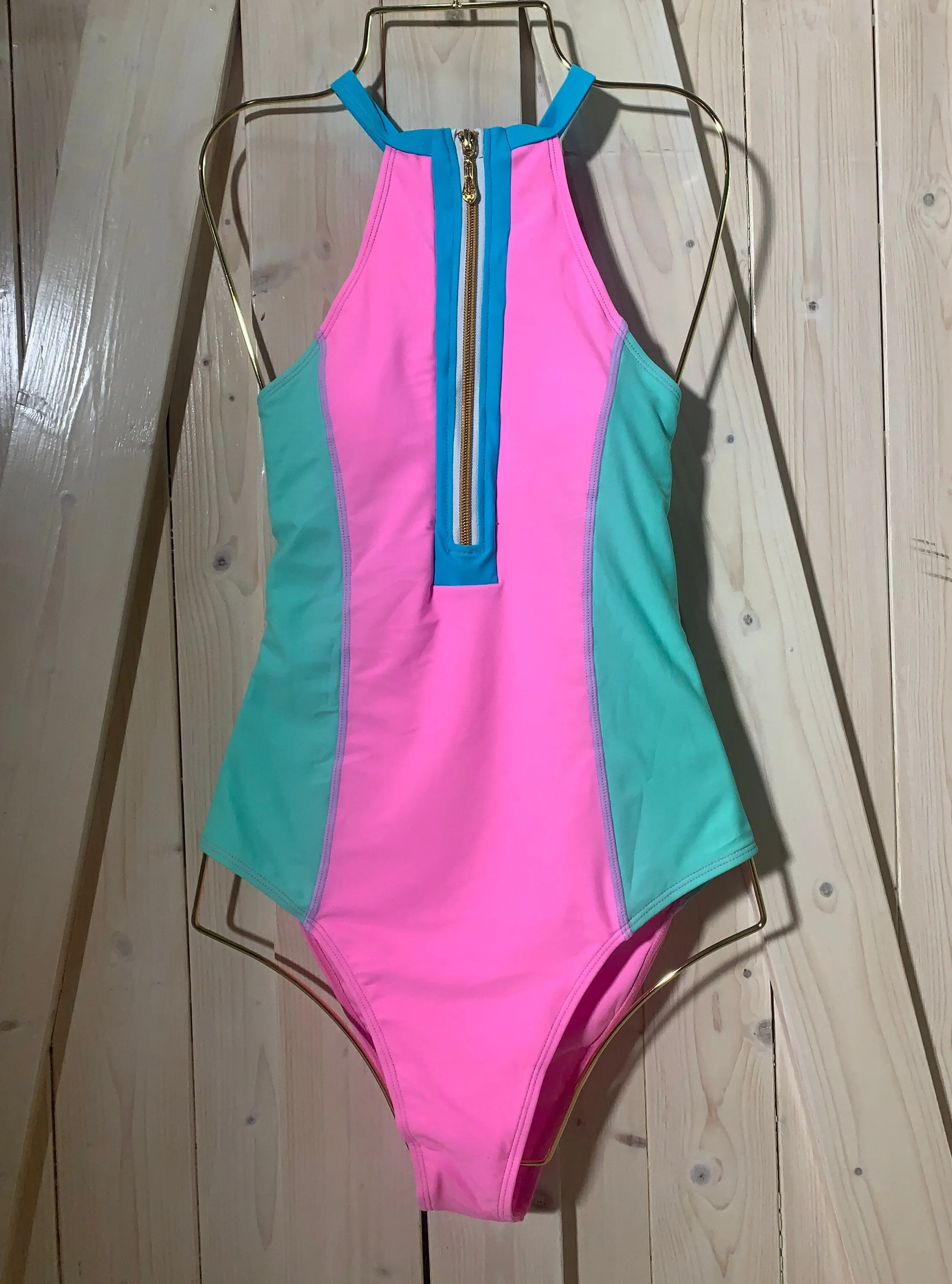 Sherbet Swim 2 variations longsleeve rashguard or halter one-piece sleeveless swimsuit - both bright pastel pink blue aqua neon colorblock