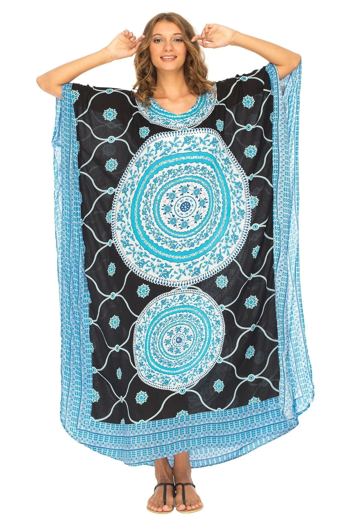 SHU-SHI Women's Ethnic Mandala Kaftan: Loose Casual Maxi Beach Cover-Up Dress with Sequins