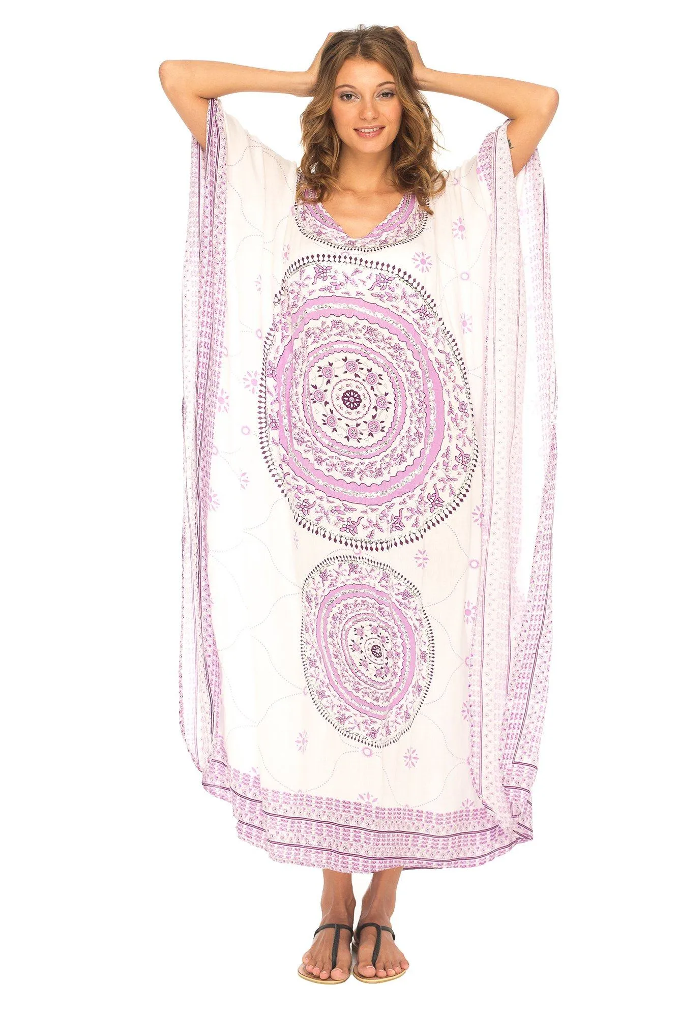 SHU-SHI Women's Ethnic Mandala Kaftan: Loose Casual Maxi Beach Cover-Up Dress with Sequins