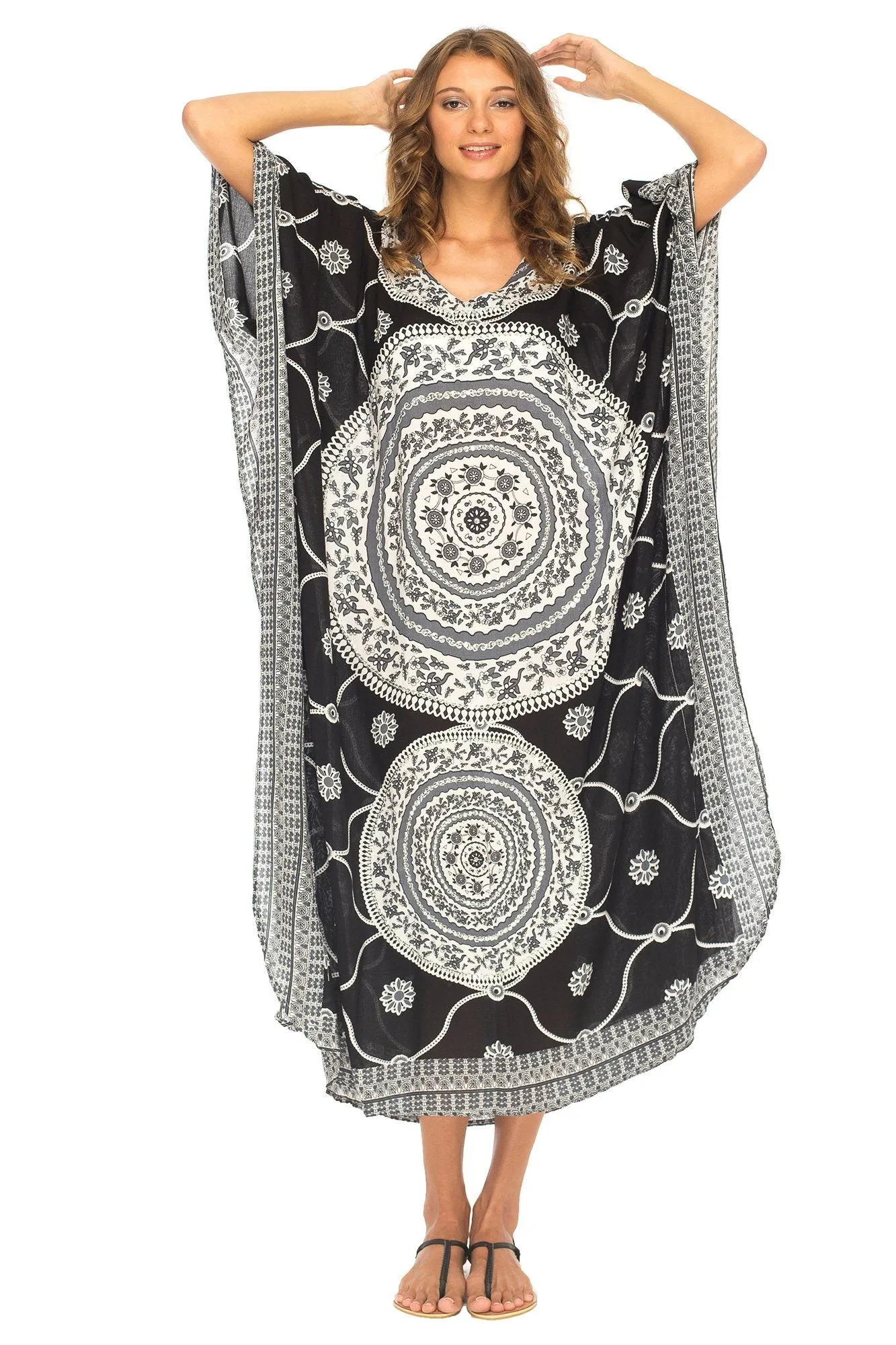 SHU-SHI Women's Ethnic Mandala Kaftan: Loose Casual Maxi Beach Cover-Up Dress with Sequins