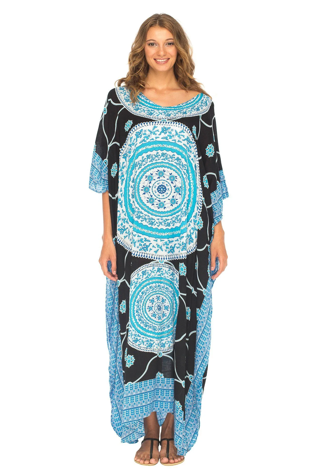 SHU-SHI Women's Ethnic Mandala Kaftan: Loose Casual Maxi Beach Cover-Up Dress with Sequins