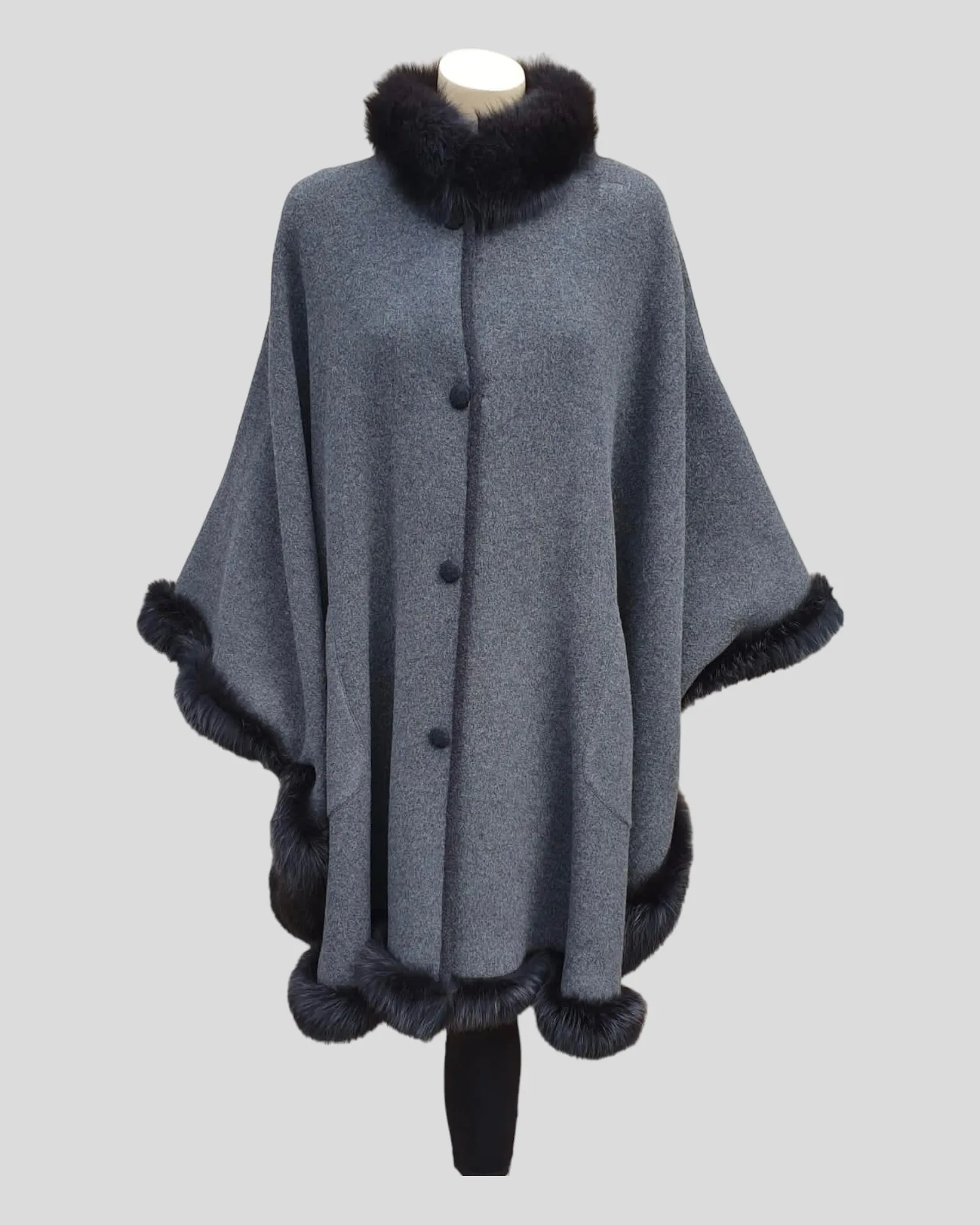 Vintage Reversible Grey and Charcoal Cashmere Poncho w/ Fox Fur Trim