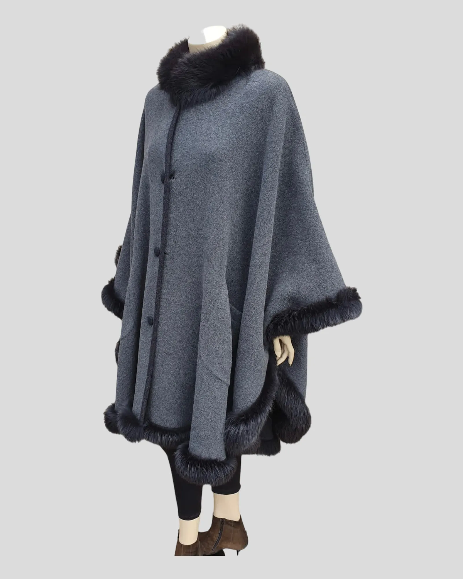 Vintage Reversible Grey and Charcoal Cashmere Poncho w/ Fox Fur Trim