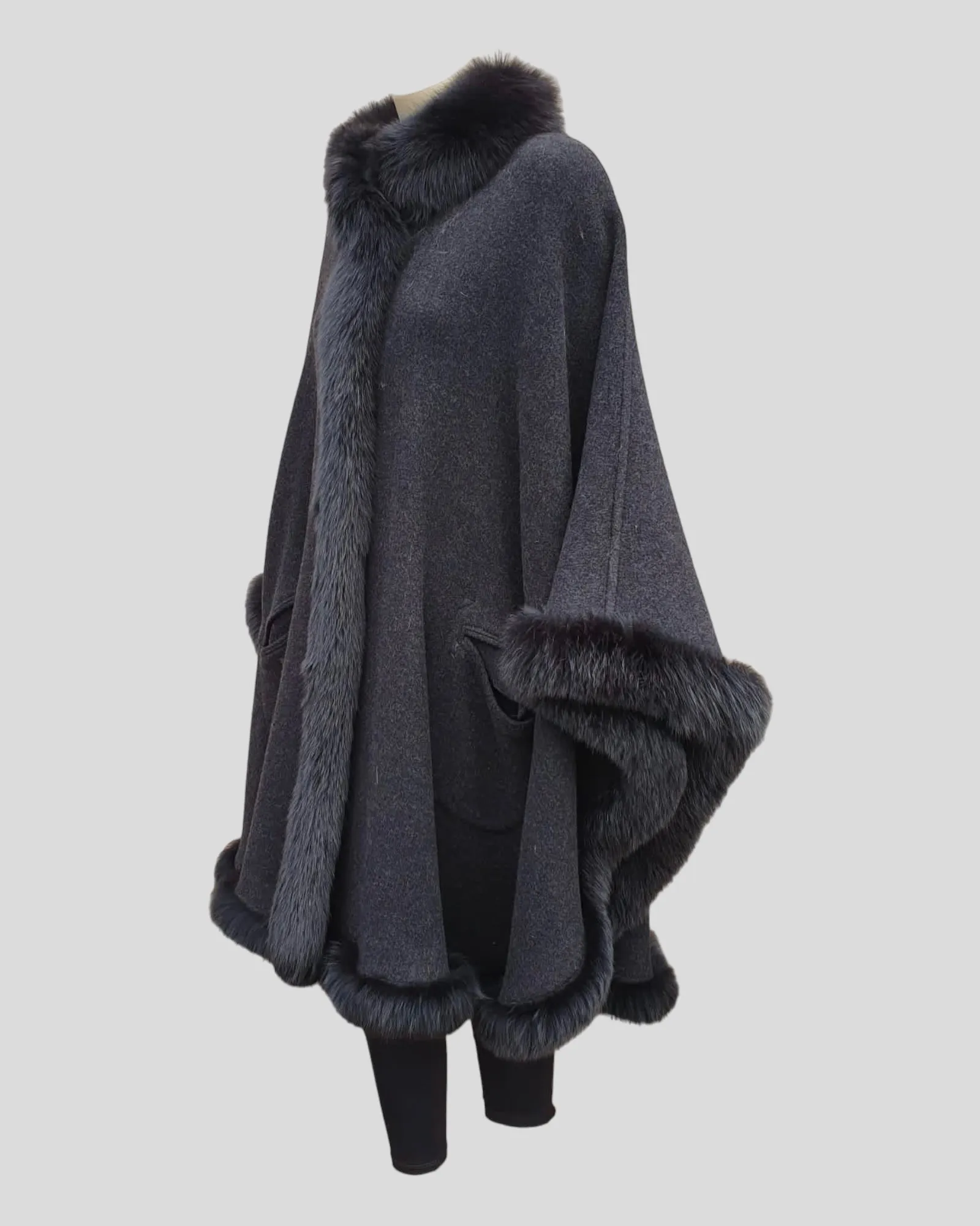 Vintage Reversible Grey and Charcoal Cashmere Poncho w/ Fox Fur Trim