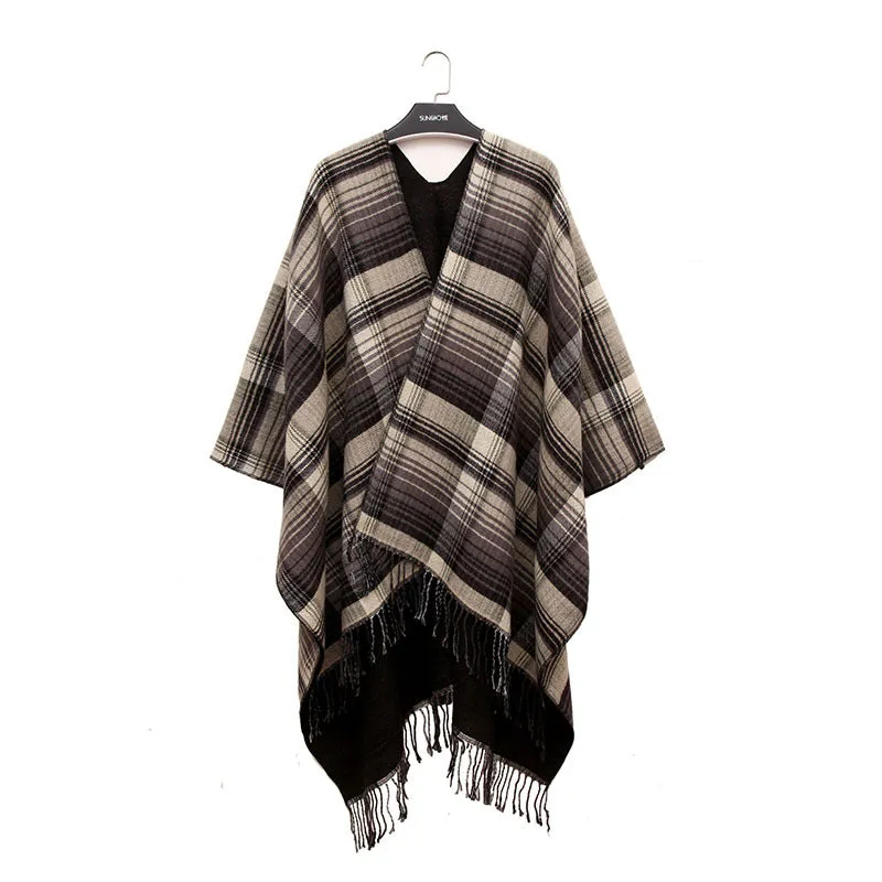 Winter Thick Oversized Poncho Wrap Plaid Stripped with Tassel for Women