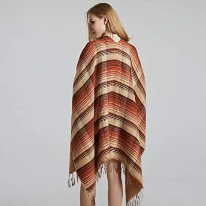 Winter Thick Oversized Poncho Wrap Plaid Stripped with Tassel for Women