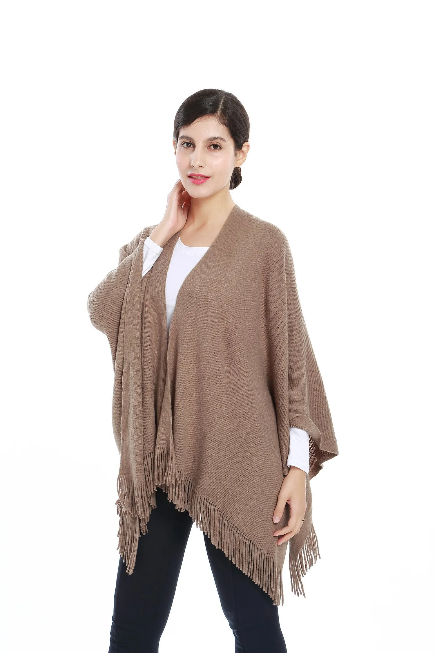 Women's Knitted Kimono Cardigan Cape Solid Brown Color CAR201