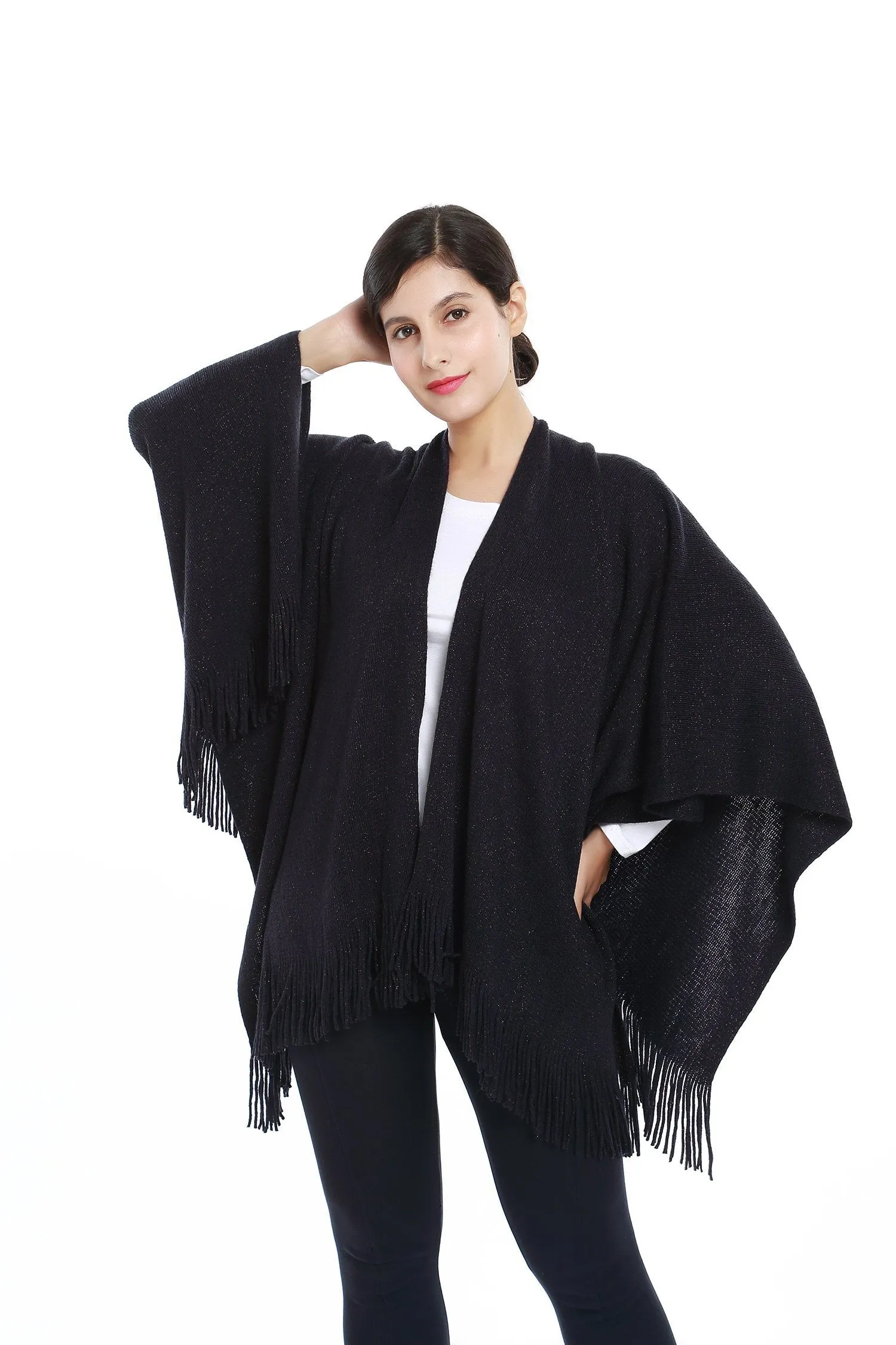 Women's Knitted Kimono Cardigan Cape Solid Navy with Golden Threads CAR203