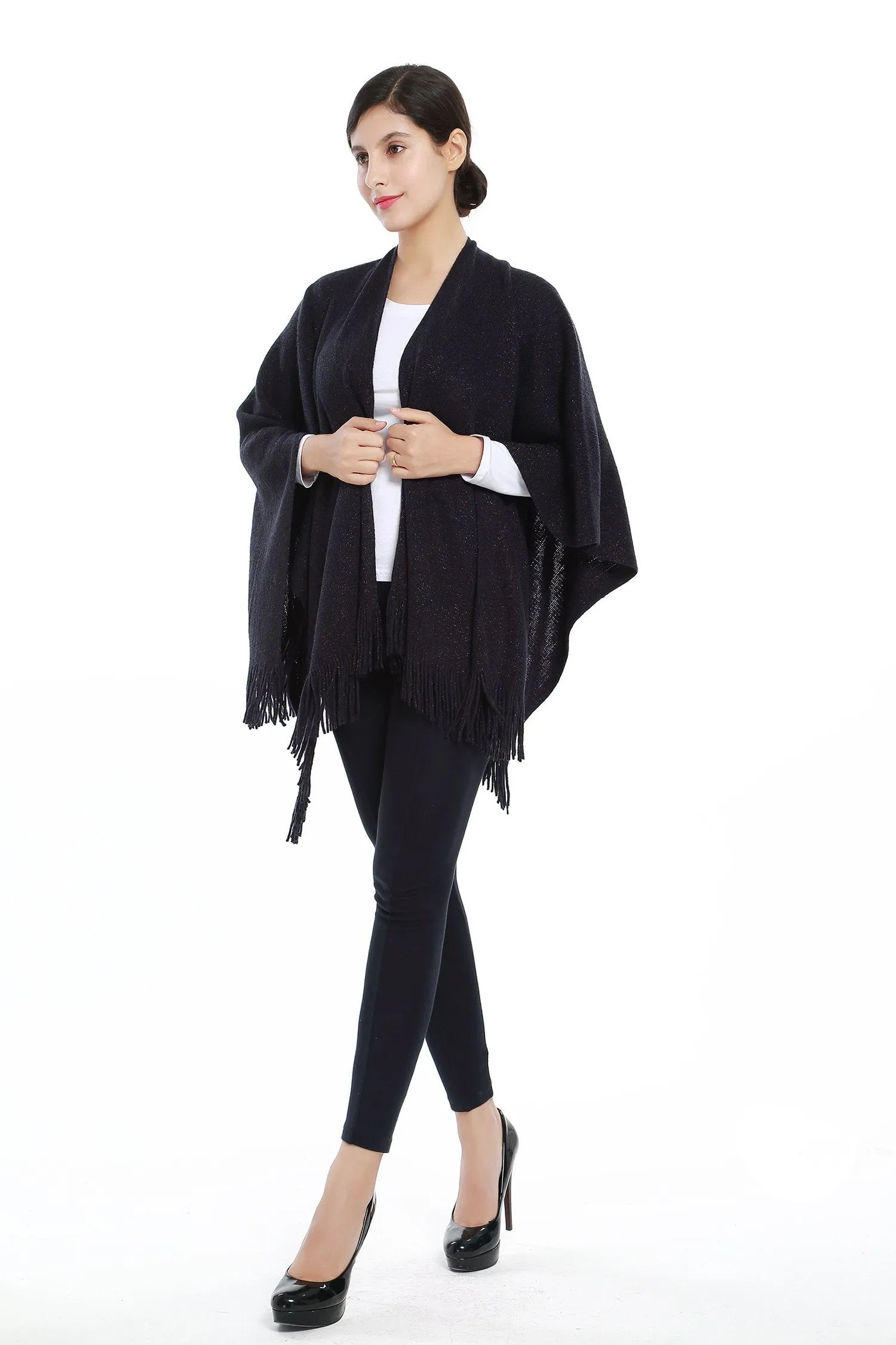 Women's Knitted Kimono Cardigan Cape Solid Navy with Golden Threads CAR203