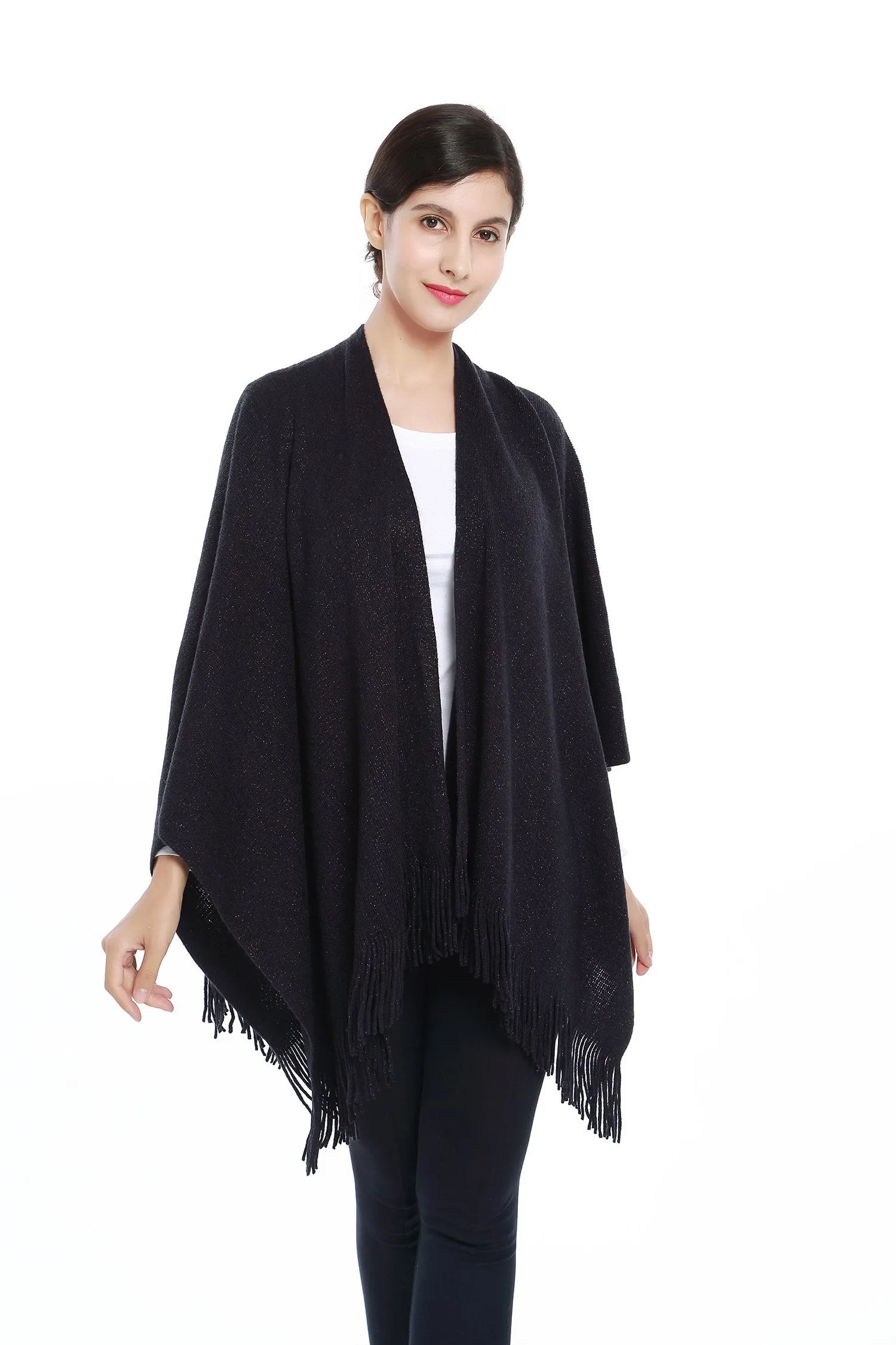 Women's Knitted Kimono Cardigan Cape Solid Navy with Golden Threads CAR203