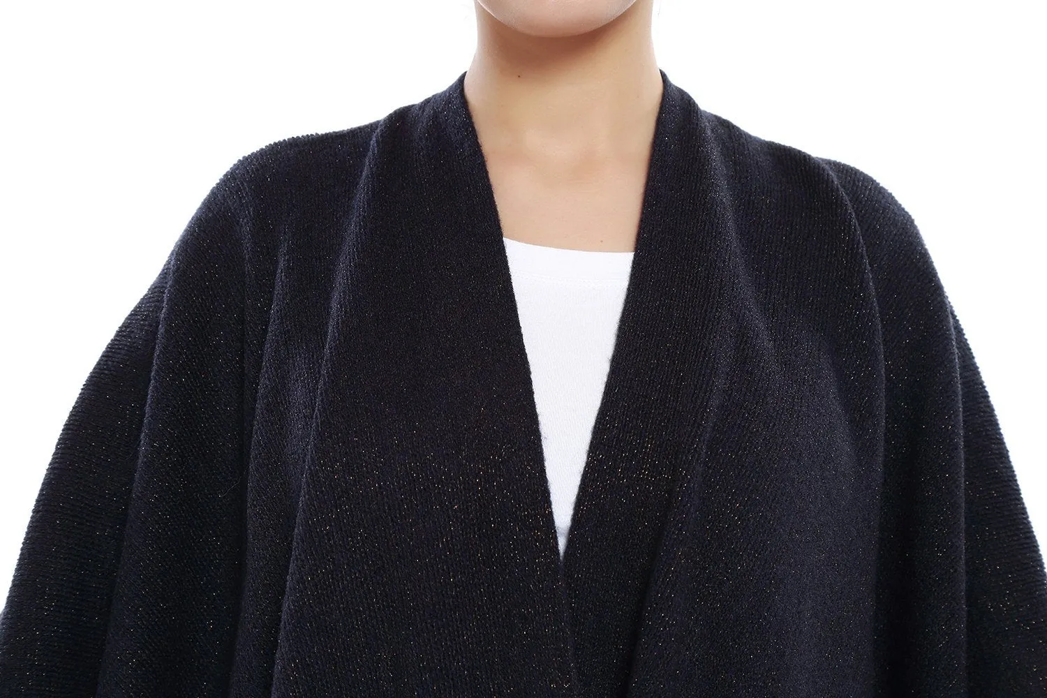 Women's Knitted Kimono Cardigan Cape Solid Navy with Golden Threads CAR203